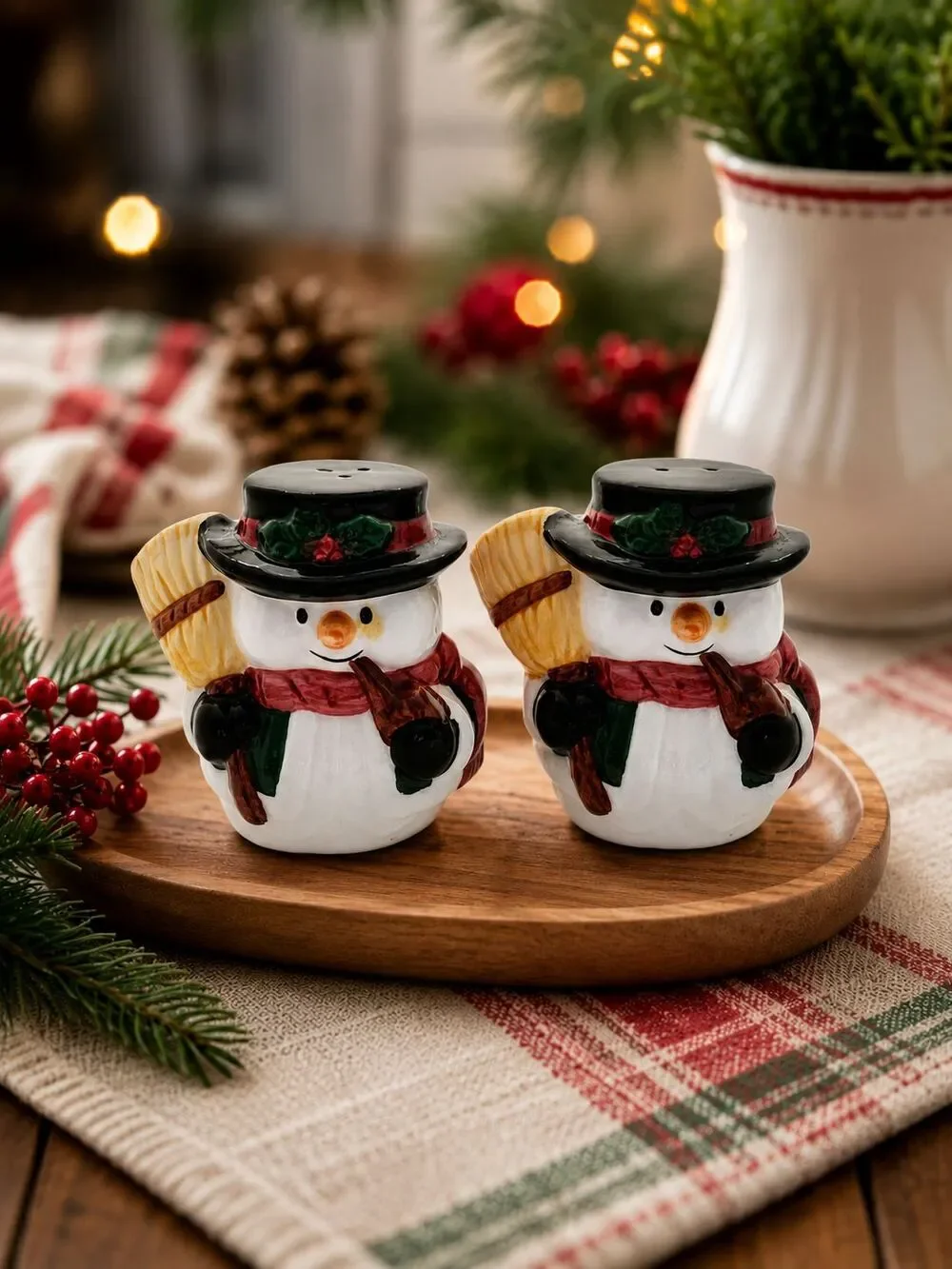 Snowman With Hat and Pipe Ceramic Salt & Pepper Shaker Set Christmas Holiday